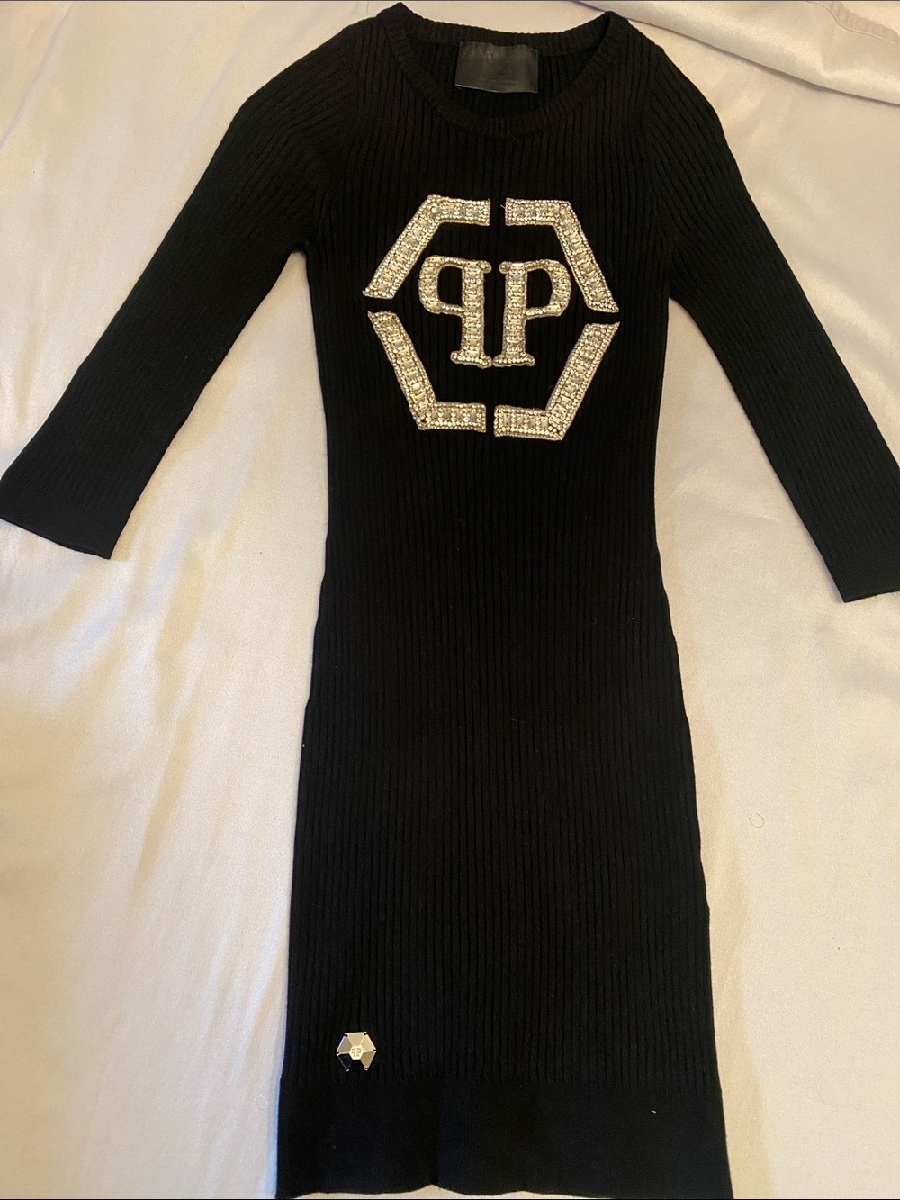 Philipp Plein Black Ribbed Knit Top with Branded Neck Label